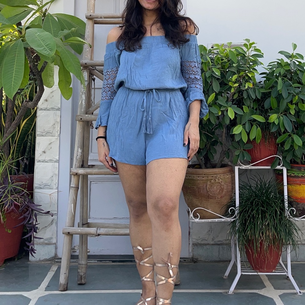 NWOT Blue Off Shoulder Romper / Playsuit - Picture 1 of 5
